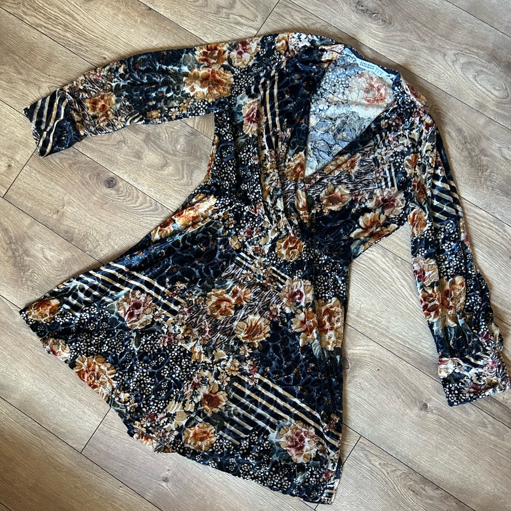 Zara Velvet Floral Wrap Dress Long Sleeve Boho Fall Mini Dress